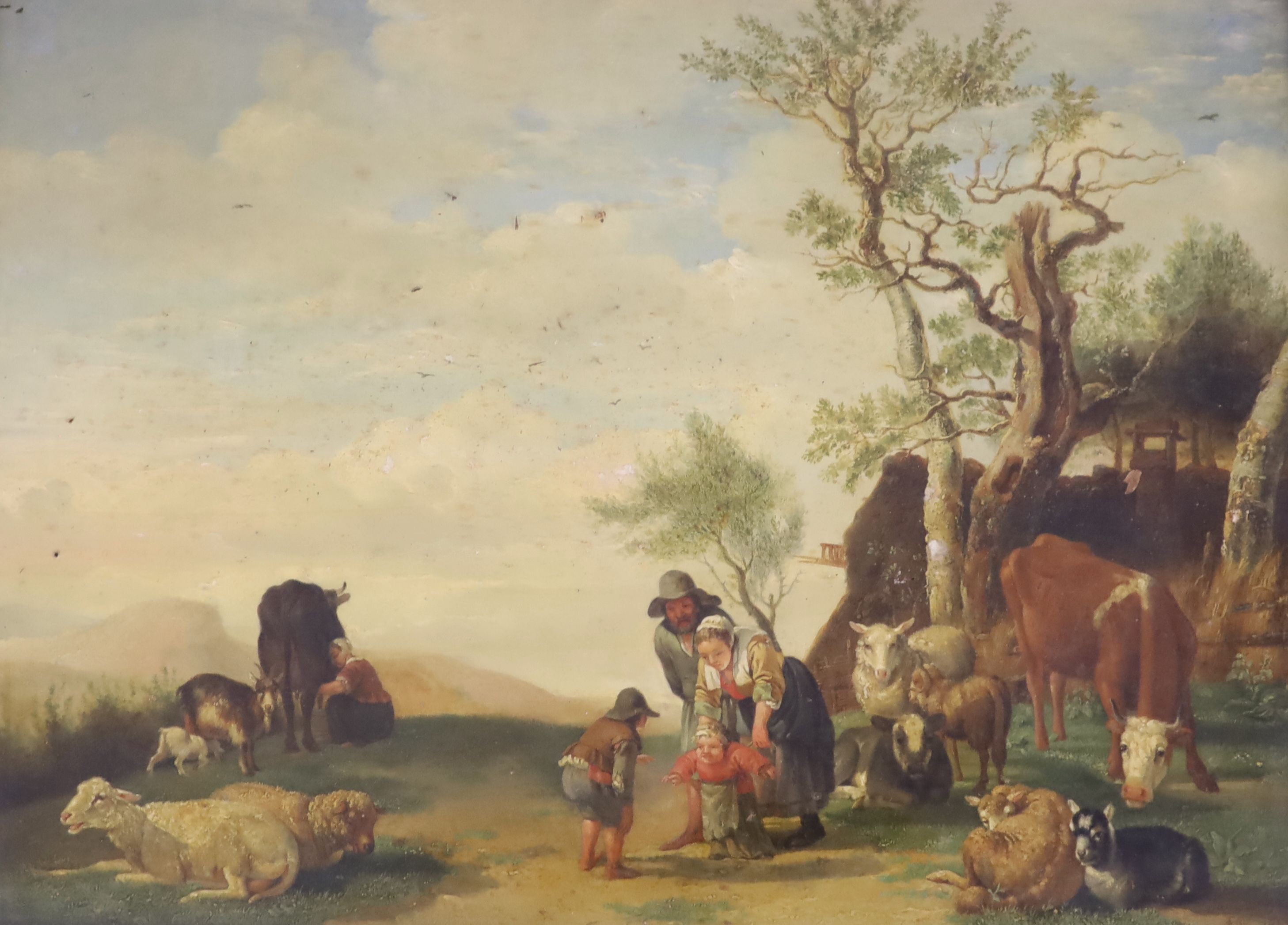 After Paulus Potter (1625-1654), Child learning to walk with onlooking livestock, Oil on wooden panel, 37 x 50cm.